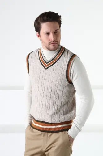 A.Beige Knitted Pattern V-Neck 100% Lambswool Men's Sweater - A.Beige - 4