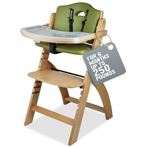 Abiie Beyond Junior Wooden High Chair with Tray - Convertible Baby Highchair - Adjustable High Chair for Babies/Toddlers/6 Months up to 250 Lbs - Stain & Water Resistant Natural Wood/Olive Cushion - 37