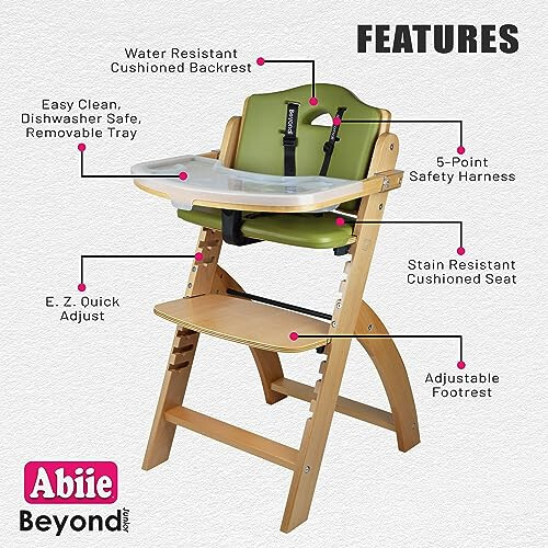 Abiie Beyond Junior Wooden High Chair with Tray - Convertible Baby Highchair - Adjustable High Chair for Babies/Toddlers/6 Months up to 250 Lbs - Stain & Water Resistant Natural Wood/Olive Cushion - 38