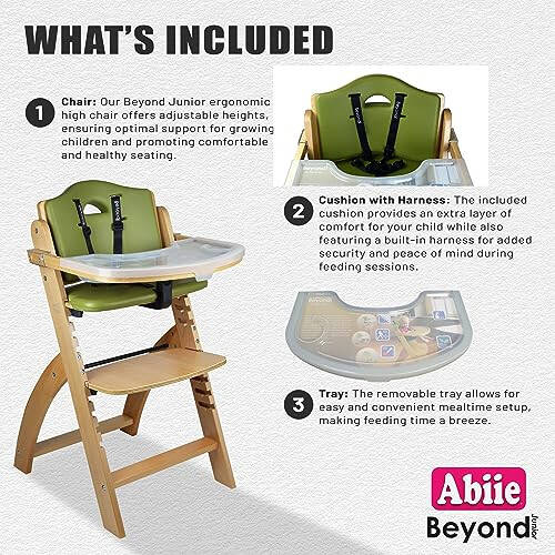 Abiie Beyond Junior Wooden High Chair with Tray - Convertible Baby Highchair - Adjustable High Chair for Babies/Toddlers/6 Months up to 250 Lbs - Stain & Water Resistant Natural Wood/Olive Cushion - 39