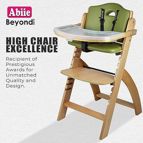 Abiie Beyond Junior Wooden High Chair with Tray - Convertible Baby Highchair - Adjustable High Chair for Babies/Toddlers/6 Months up to 250 Lbs - Stain & Water Resistant Natural Wood/Olive Cushion - 42