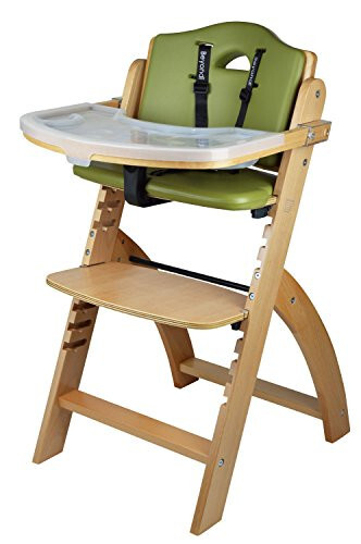 Abiie Beyond Junior Wooden High Chair with Tray - Convertible Baby Highchair - Adjustable High Chair for Babies/Toddlers/6 Months up to 250 Lbs - Stain & Water Resistant Natural Wood/Olive Cushion - 1