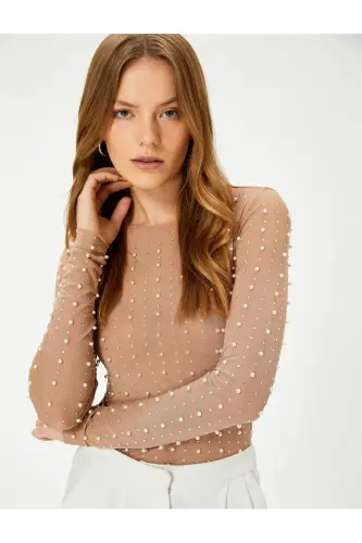 Abiye Bluz Taşlı İnci Detaylı Uzun Kollu Bisiklet Yaka Slim Fit - 1