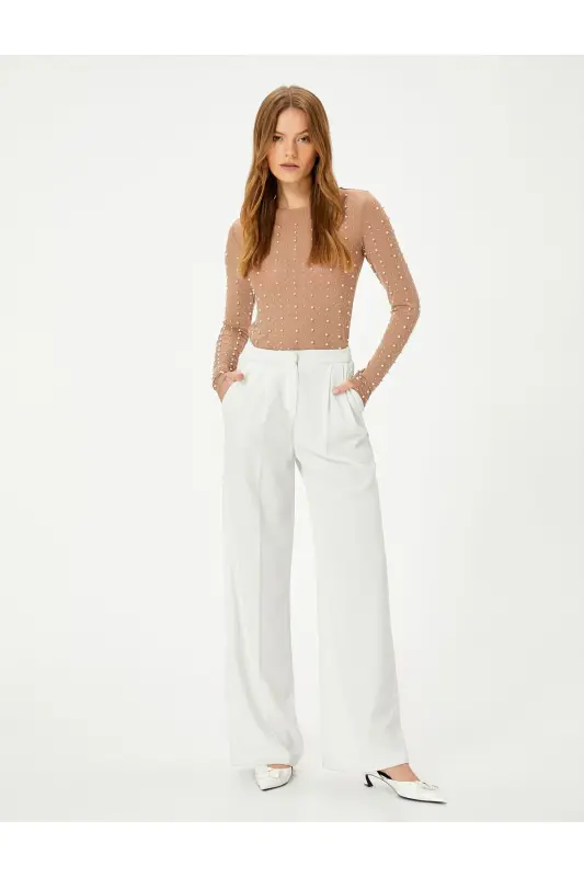 Abiye Bluz Taşlı İnci Detaylı Uzun Kollu Bisiklet Yaka Slim Fit - 2