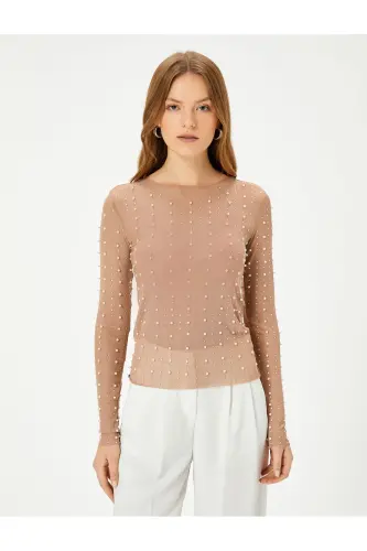 Abiye Bluz Taşlı İnci Detaylı Uzun Kollu Bisiklet Yaka Slim Fit - 3