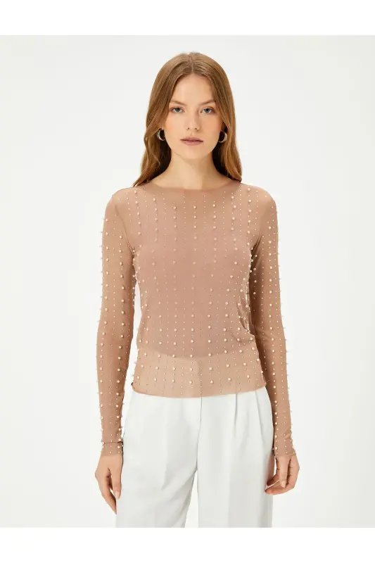 Abiye Bluz Taşlı İnci Detaylı Uzun Kollu Bisiklet Yaka Slim Fit - 3