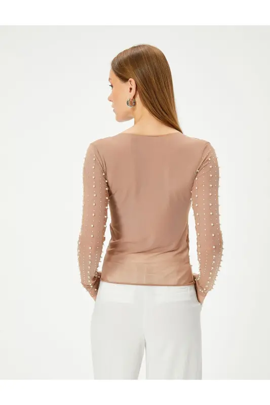 Abiye Bluz Taşlı İnci Detaylı Uzun Kollu Bisiklet Yaka Slim Fit - 4