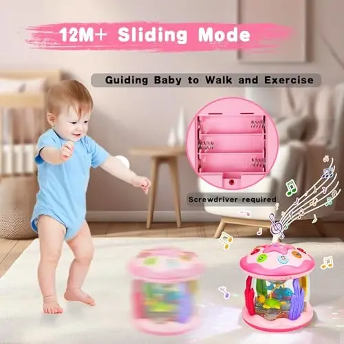 Aboosam Baby Girl Toys 6-12 Months: Babies Ocean Rotating Light Up Musical Toys 12-18 Months Crawling Learning Infant Toys for Toddlers 1 2 3 Years Old Baby Girl Gifts (Pink) - 1
