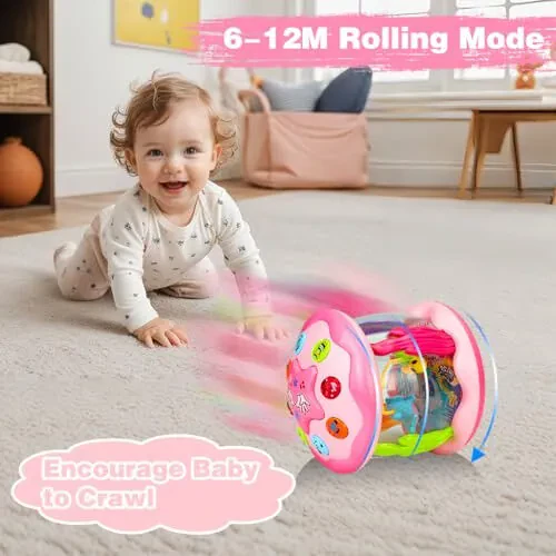 Aboosam Baby Girl Toys 6-12 Months: Babies Ocean Rotating Light Up Musical Toys 12-18 Months Crawling Learning Infant Toys for Toddlers 1 2 3 Years Old Baby Girl Gifts (Pink) - 4