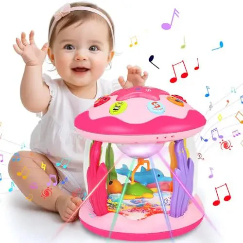Aboosam Baby Girl Toys 6-12 Months: Babies Ocean Rotating Light Up Musical Toys 12-18 Months Crawling Learning Infant Toy for Toddlers 1 2 3 Years Old Baby Girl Gifts (Pink) - 2