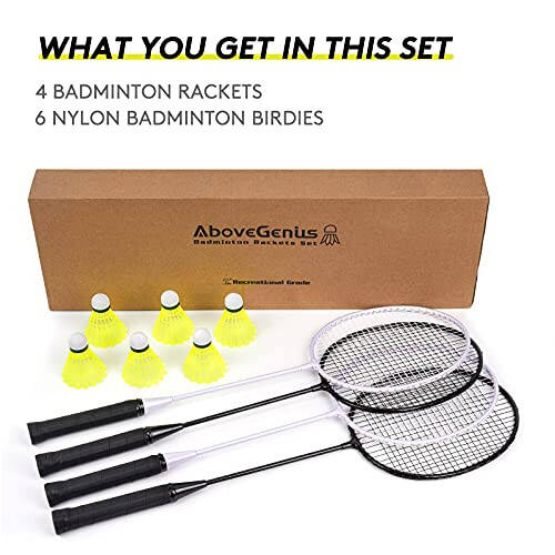 AboveGenius Badminton Rackets Set of 4 for Outdoor Backyard Games, Including 4 Rackets, 6 Nylon Badminton Shuttlecocks, Lightweight Badminton Racquets for Beginners - 4