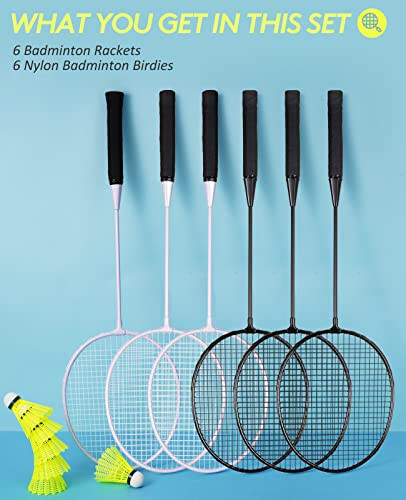 AboveGenius Badminton Raket Seti 6'lı, Açık Hava Bahçe Oyunları İçin, 6 Raket, 6 Naylon Badminton Topu Dahil, Başlangıç Seviyesi Hafif Badminton Raketleri - 2