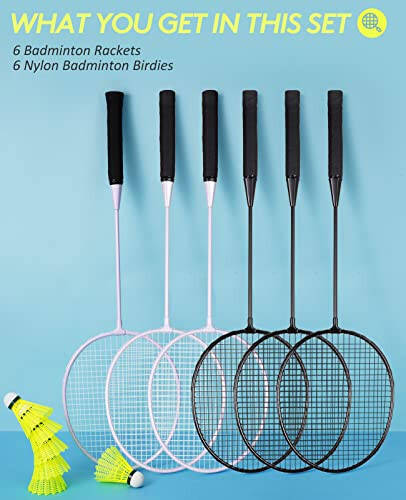 AboveGenius Badminton Raketlari To'plami 6 dona, Tashqi Hoвли O'yinlari Uchun, 6 Raket, 6 Neylon Badminton Vollanlari, Boshlang'ich Uchun Yengil Badminton Raketlari - 2