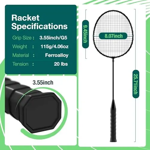 AboveGenius Badminton Raketlari To'plami 6 dona, Tashqi Hoвли O'yinlari Uchun, 6 Raket, 6 Neylon Badminton Vollanlari, Boshlang'ich Uchun Yengil Badminton Raketlari - 3