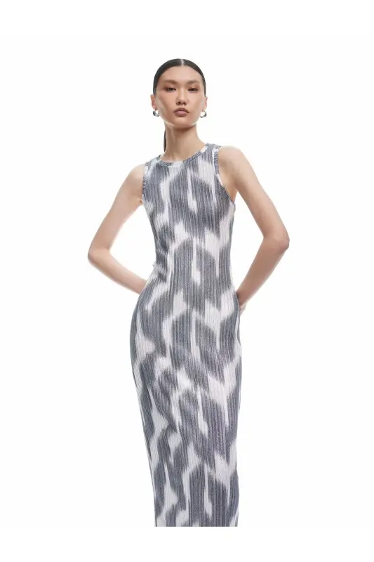 Abstract Patterned Sleeveless Crew Neck Midi Pencil Dress - KOTON