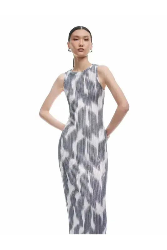Abstract Patterned Sleeveless Crew Neck Midi Pencil Dress - 1