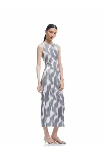 Abstract Patterned Sleeveless Crew Neck Midi Pencil Dress - 2