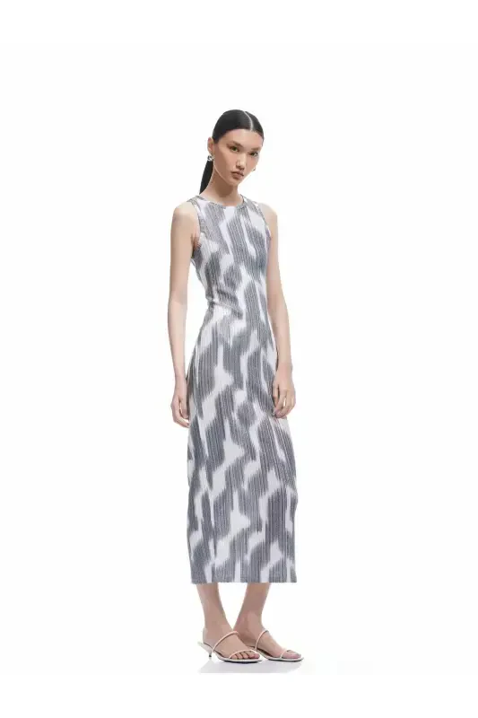 Abstract Patterned Sleeveless Crew Neck Midi Pencil Dress - 2