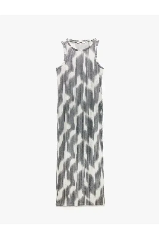 Abstract Patterned Sleeveless Crew Neck Midi Pencil Dress - 3