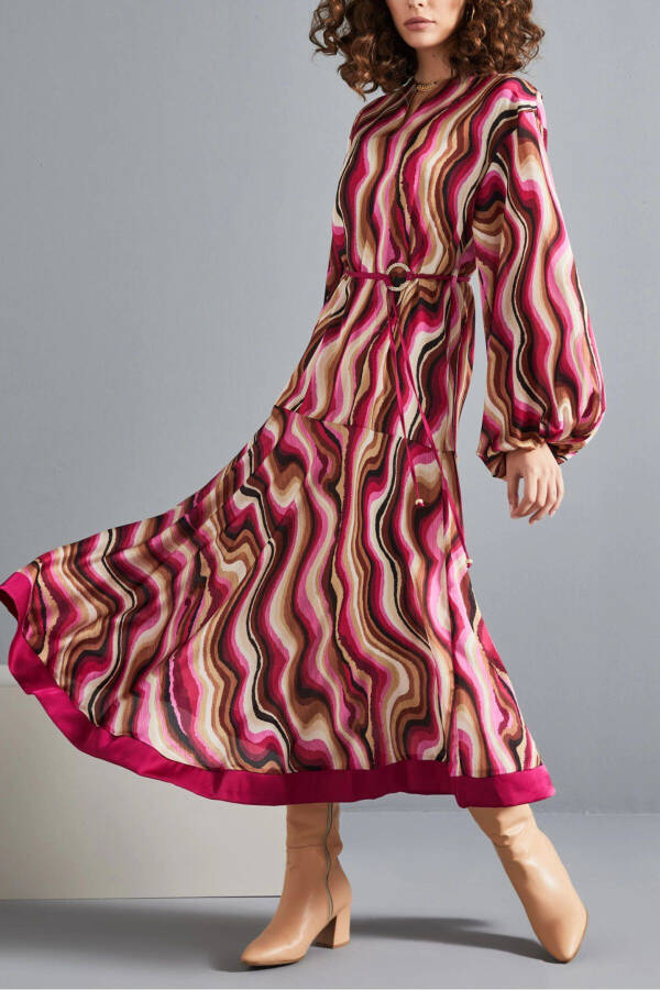 Abstract Wave Pattern Chiffon Sleeved High Collar Midi Length Fuchsia Dress 37204 - 1