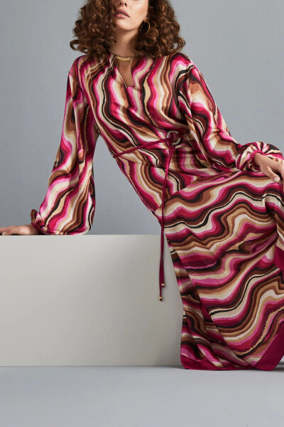Abstract Wave Pattern Chiffon Sleeved High Collar Midi Length Fuchsia Dress 37204 - 4