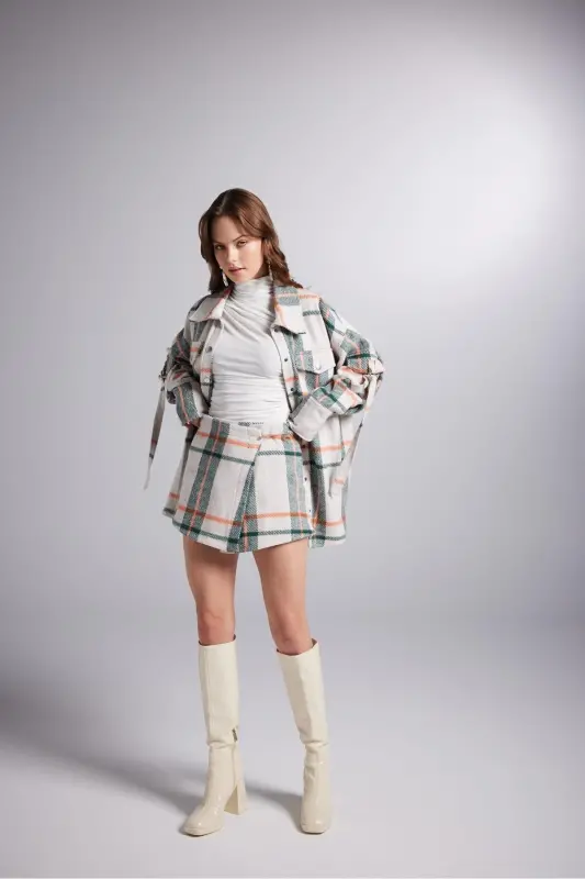 Accessorized Plaid Patterned Mini Odin Skort Beige - HOLLY LOLLY