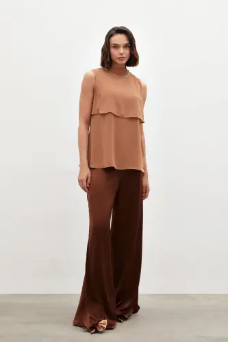 Accessory Detailed Flounced Blouse - BROWN-BROWN - 3