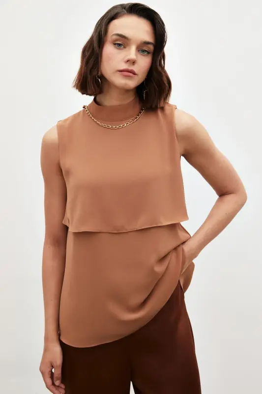 Accessory Detailed Flounced Blouse - BROWN-BROWN - 4