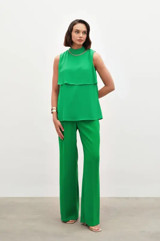 Accessory Detailed Flounced Blouse - GREEN-GREEN - 1