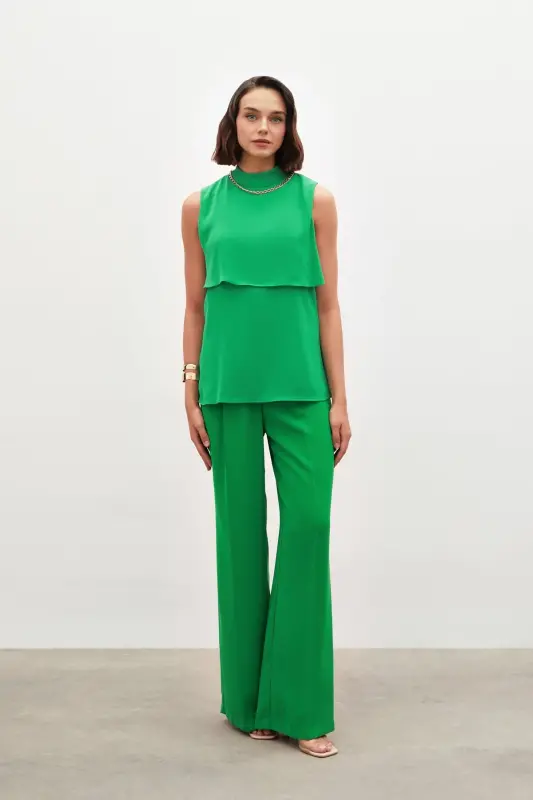 Accessory Detailed Flounced Blouse - GREEN-GREEN - 3