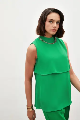 Accessory Detailed Flounced Blouse - GREEN-GREEN - 4