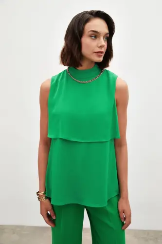 Accessory Detailed Flounced Blouse - GREEN-GREEN - 6