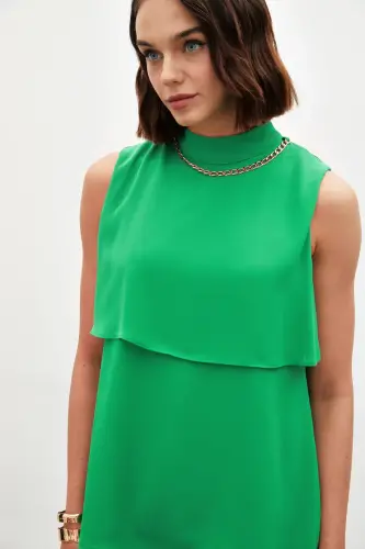 Accessory Detailed Flounced Blouse - GREEN-GREEN - 7