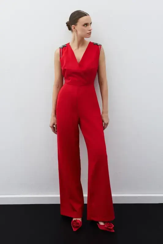 Accessory Detailed Jumpsuit - RED-RED - SATEEN