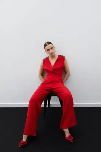 Accessory Detailed Jumpsuit - RED-RED - 4