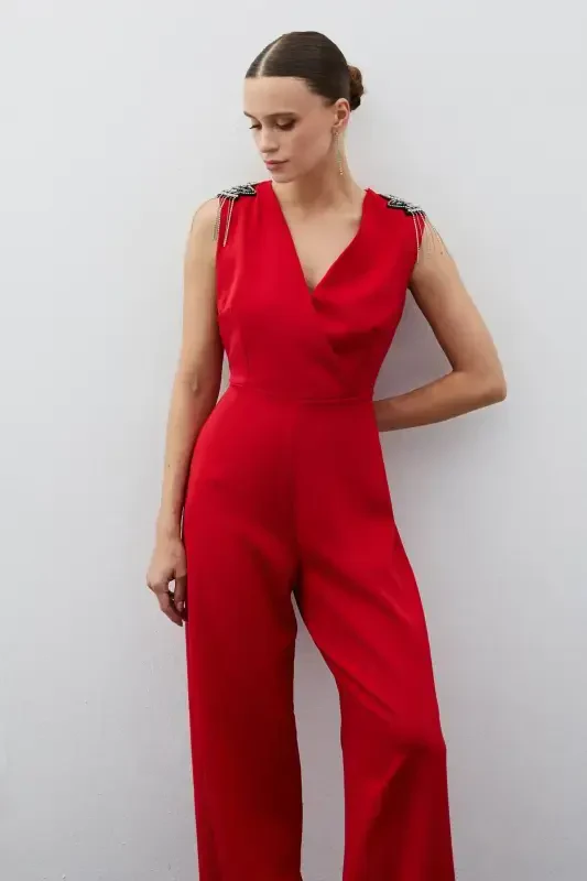 Accessory Detailed Jumpsuit - RED-RED - 5