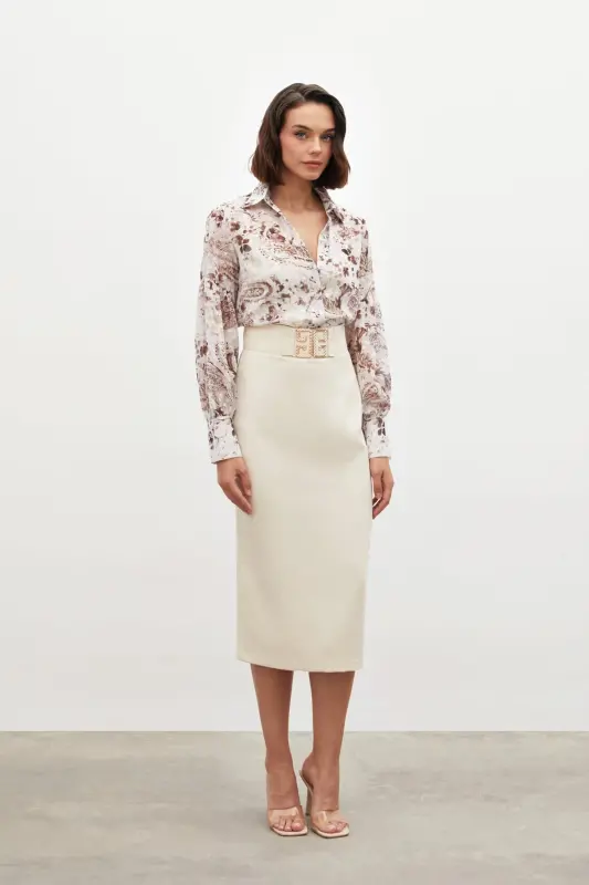 Accessory Detailed Pencil Skirt - BEIGE-BEIGE - 1