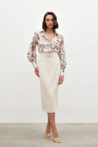 Accessory Detailed Pencil Skirt - BEIGE-BEIGE - SATEEN (1)