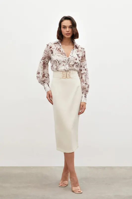 Accessory Detailed Pencil Skirt - BEIGE-BEIGE - 2