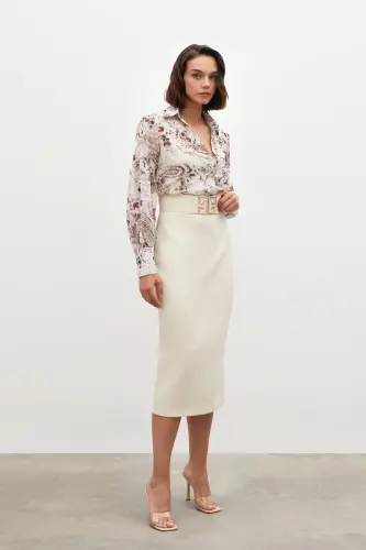 Accessory Detailed Pencil Skirt - BEIGE-BEIGE - 3