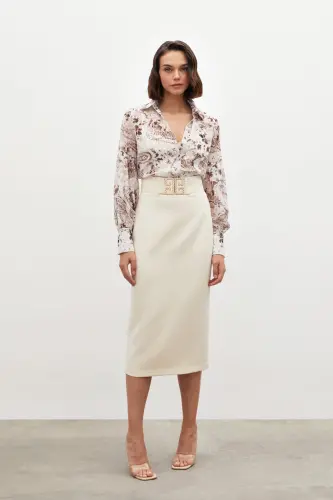 Accessory Detailed Pencil Skirt - BEIGE-BEIGE - 4