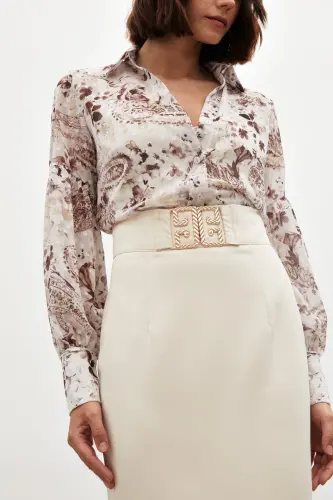 Accessory Detailed Pencil Skirt - BEIGE-BEIGE - 5