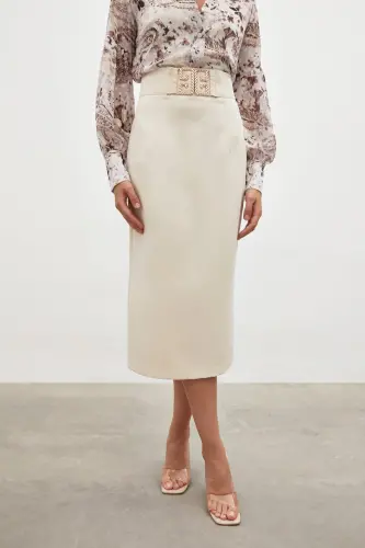 Accessory Detailed Pencil Skirt - BEIGE-BEIGE - 6