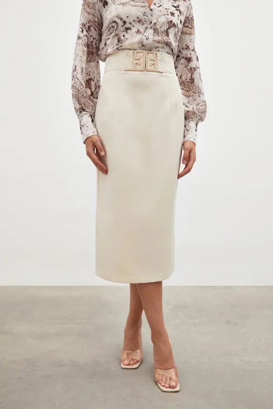 Accessory Detailed Pencil Skirt - BEIGE-BEIGE - 6