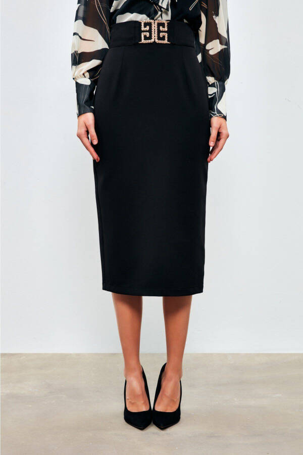 Accessory Detailed Pencil Skirt - BLACK - 3