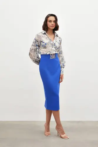 Accessory Detailed Pencil Skirt - BLUE-BLUE 