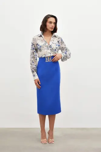 Accessory Detailed Pencil Skirt - BLUE-BLUE - SATEEN (1)