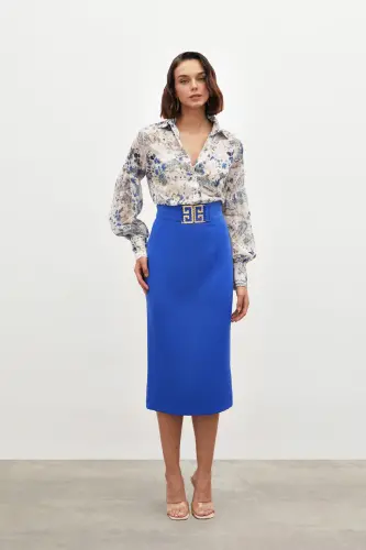 Accessory Detailed Pencil Skirt - BLUE-BLUE - 3