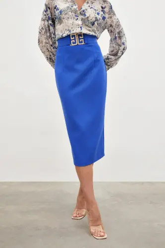 Accessory Detailed Pencil Skirt - BLUE-BLUE - 4