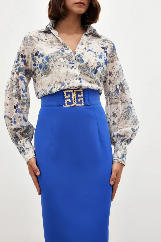 Accessory Detailed Pencil Skirt - BLUE-BLUE - 5